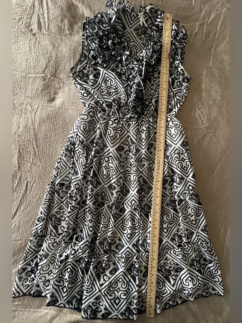 Lapis Black White Geometric Ruffle Midi Dress Sleeveless Tiered Flare Small - Picture 12 of 12